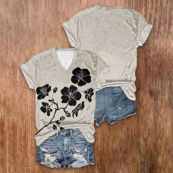 Elegant Solid Color Floral Japanese Printed V-neck T-shirt