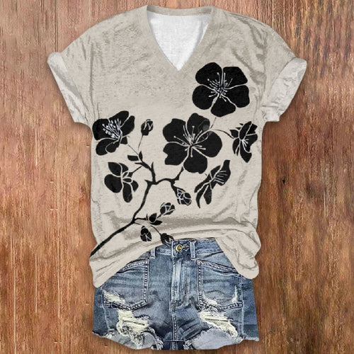 Elegant Solid Color Floral Japanese Printed V-neck T-shirt