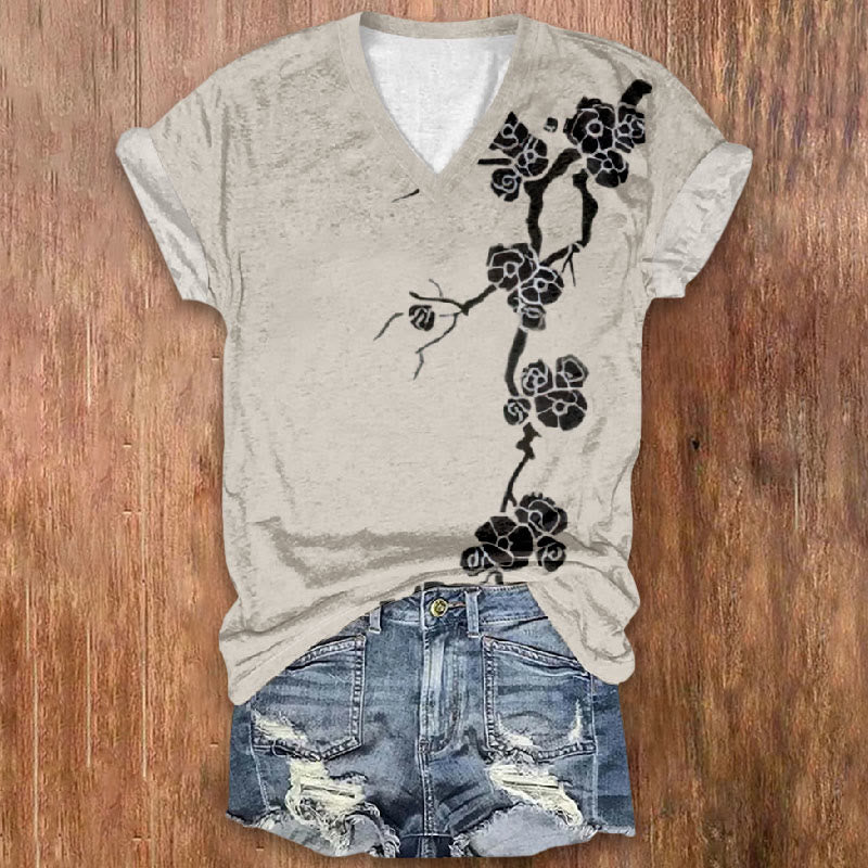 Vintage Solid Color Floral Japanese Floral Printed Women's V-neck T-shirt