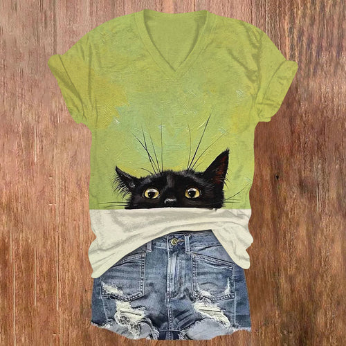 Abstract Creative Socially Fearful Cat Painting Art V-neck T-shirt