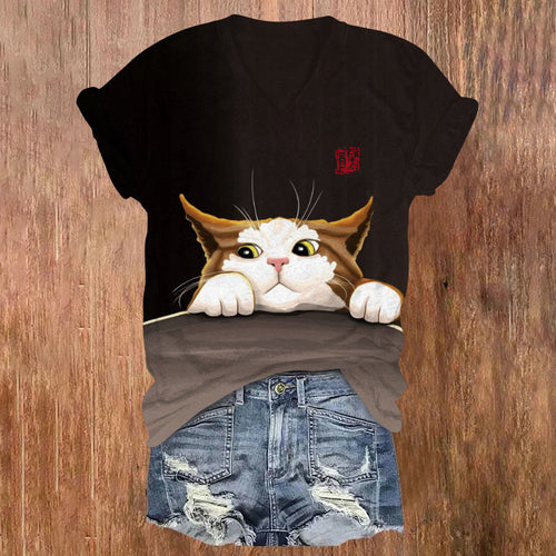 Creative Peekaboo Kitten Art Print V-neck T-shirt