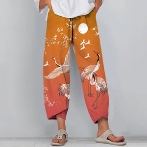 Japanese Cranes Print Pants