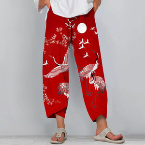 Japanese Cranes Print Pants