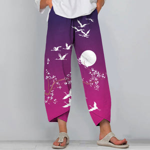 Ombre Flying Cranes Japanese Style Print Pants