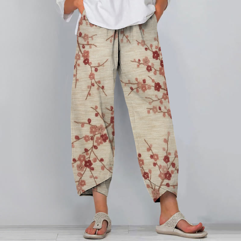 Retro Cherry Blossom Japanese Style Print Pants