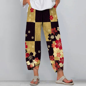 Japanese Retro Color Matching Plum Blossom Art Print Pants