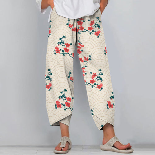 Japanese Wave Plum Blossom Art Print Pants