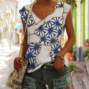 Retro Floral Patchwork Japanese Style Print V-neck Tank Top