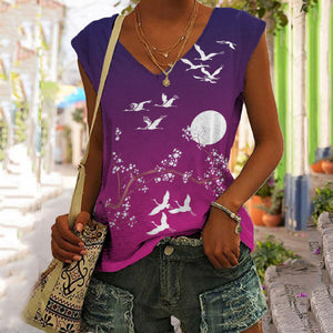 Ombre Flying Cranes Japanese Style Print V-neck Tank Top