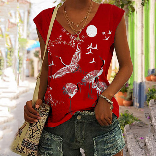 Japanese Cranes Print V-neck Tank Top