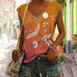 Japanese Cranes Print V-neck Tank Top