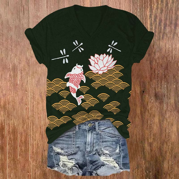 Japanese Style Koi Fish Dragonfly Wave Art Print V-neck T-shirt