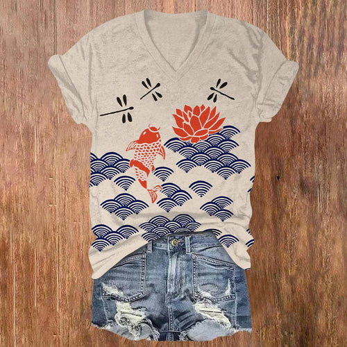 Japanese Style Koi Fish Dragonfly Wave Art Print V-neck T-shirt