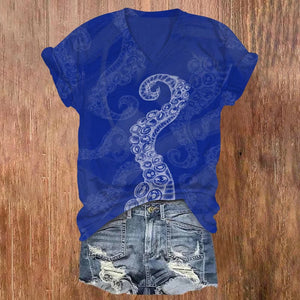 Simple Octopus Tentacles Print Casual V-neck T-shirt