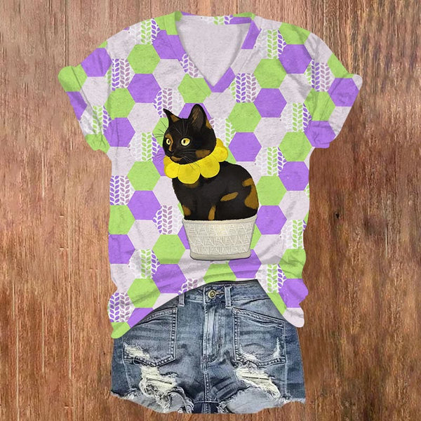 Creative Japanese Geometric Patchwork Cat Art Print V-neck T-shirt