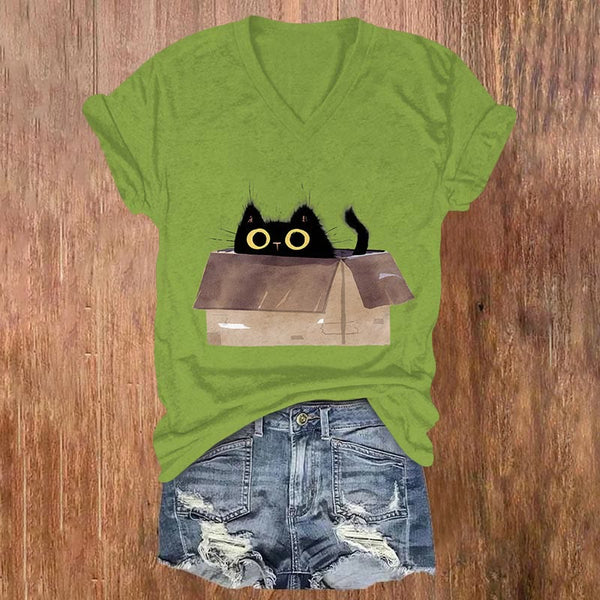 Creative Cat In A Box Print V-neck T-shirt