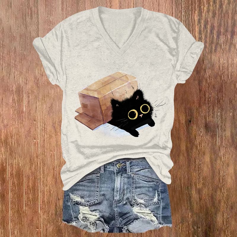 Cute Black Cat In Box Print V-neck T-shirt