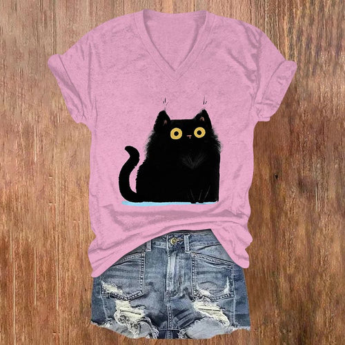 Cute Black Cat Stare Print V-neck T-shirt