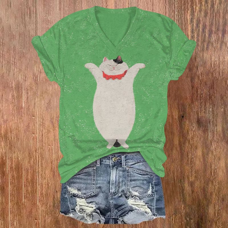 Cute Dancing Fat Cat Print V-neck T-shirt