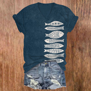 Fish Japanese Lino Art Print V-neck T-shirt