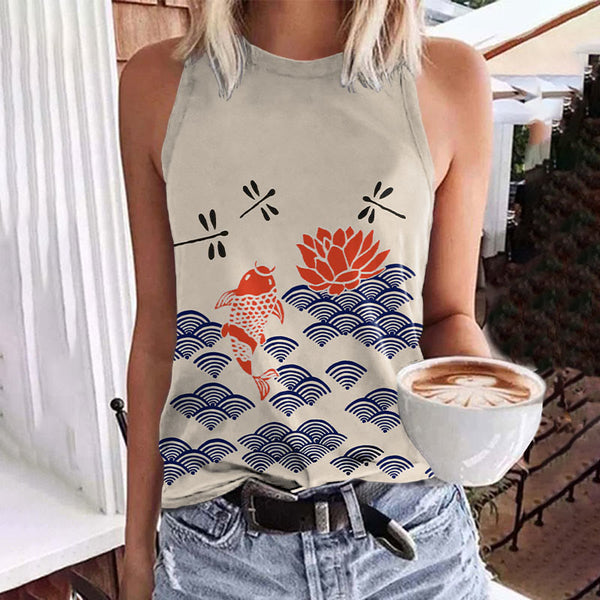 Japanese Style Koi Fish Dragonfly Wave Art Print Tank Top