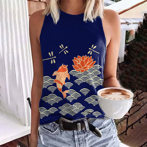 Japanese Style Koi Fish Dragonfly Wave Art Print Tank Top