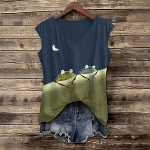 Simple Frog Color Block Print V-neck Tank Top