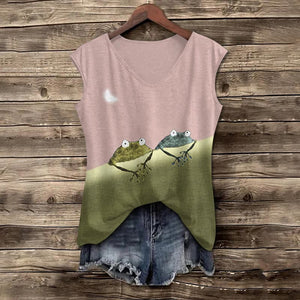 Simple Frog Color Block Print V-neck Tank Top