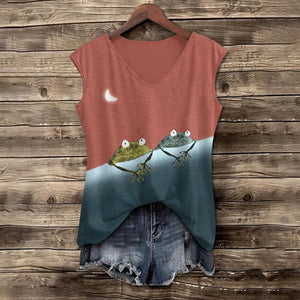 Simple Frog Color Block Print V-neck Tank Top