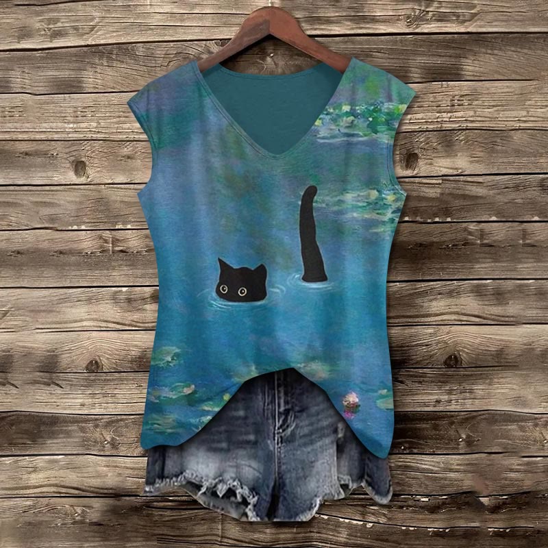 Women's Oil Painting Cat V-neck Tank Top