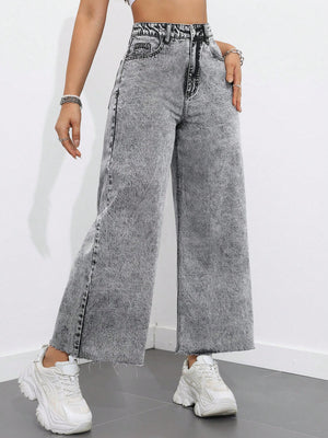High Waist Raw Hem Wide Leg Jeans