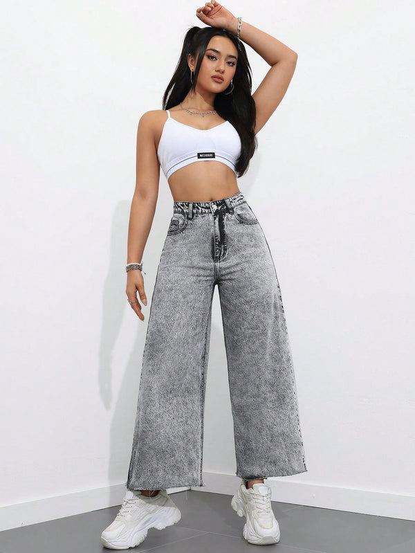 High Waist Raw Hem Wide Leg Jeans