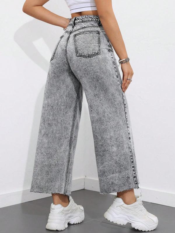 High Waist Raw Hem Wide Leg Jeans