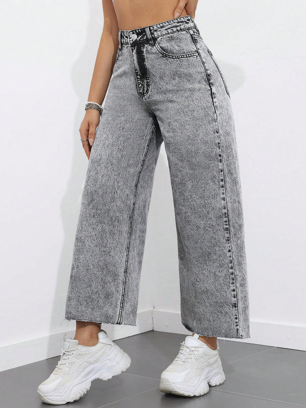 High Waist Raw Hem Wide Leg Jeans