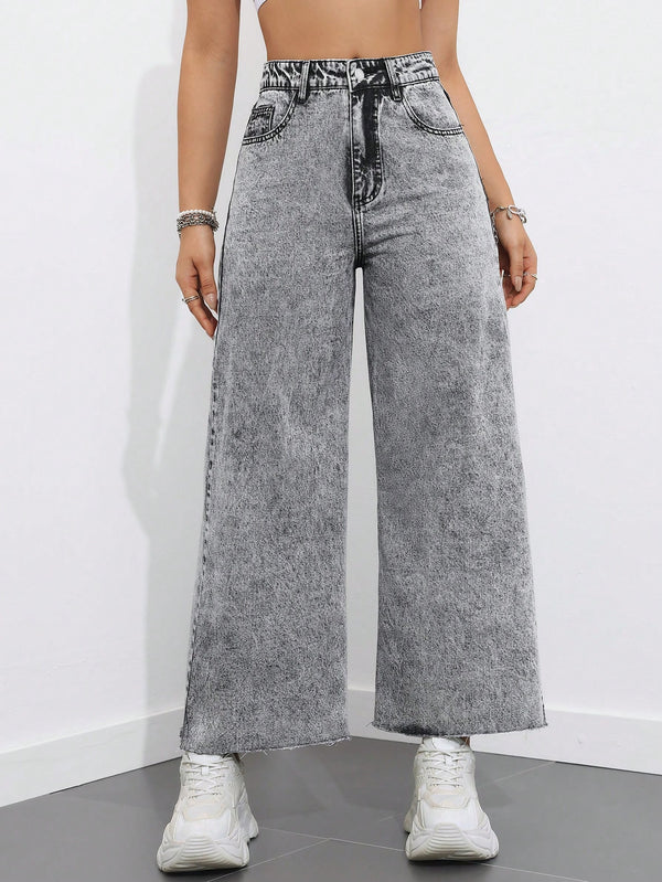High Waist Raw Hem Wide Leg Jeans