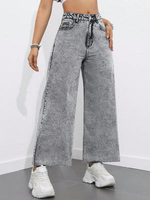 High Waist Raw Hem Wide Leg Jeans