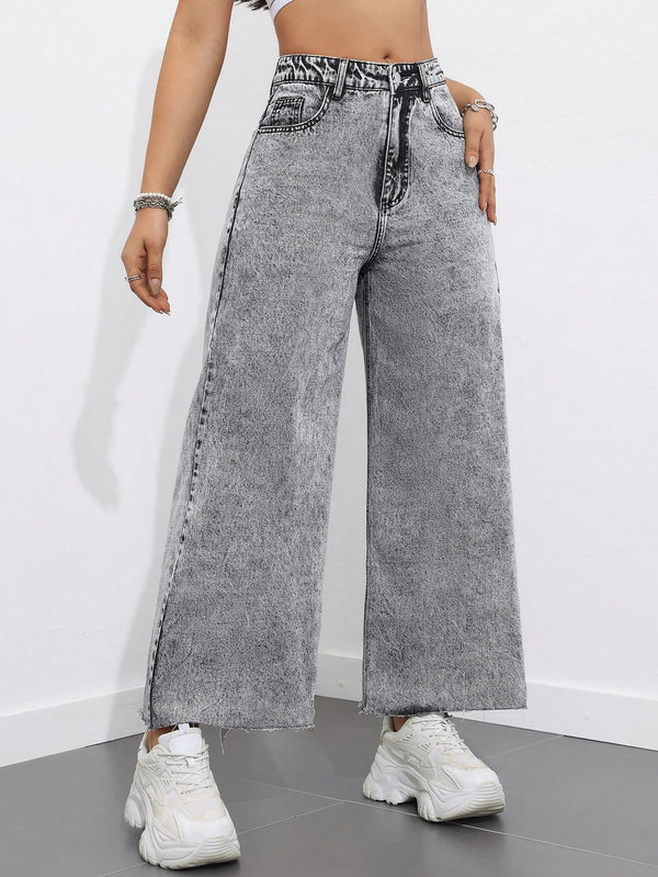 High Waist Raw Hem Wide Leg Jeans