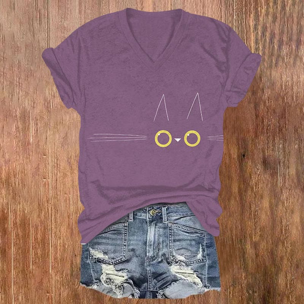 Cute Funny Cat Face Print V-neck T-shirt