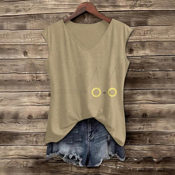 Cute Funny Cat Face Print V-neck Tank Top