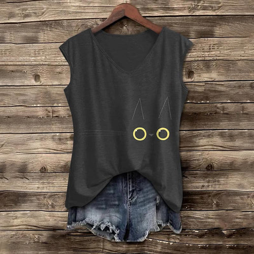 Cute Funny Cat Face Print V-neck Tank Top