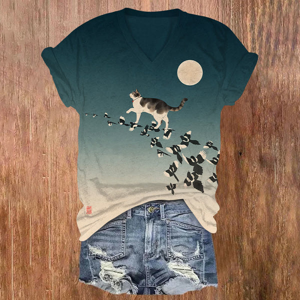 Women's Japanese Cat Flying To The Moon Print V-neck T-shirt