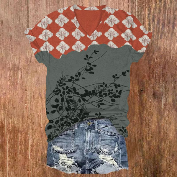 Japanese Patchwork Floral Print V-neck T-shirt