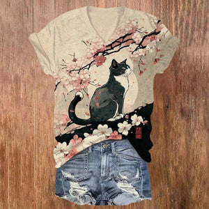 Japanese Art Style Floral Cat Print V-neck T-shirt