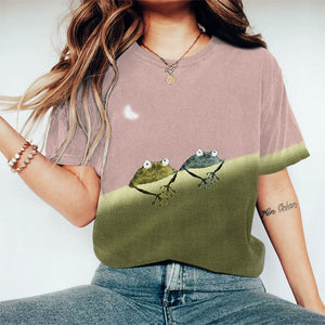 Simple Frog Color Block Print Short Sleeve Crew Neck T-shirt