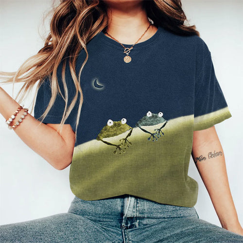 Simple Frog Color Block Print Short Sleeve Crew Neck T-shirt