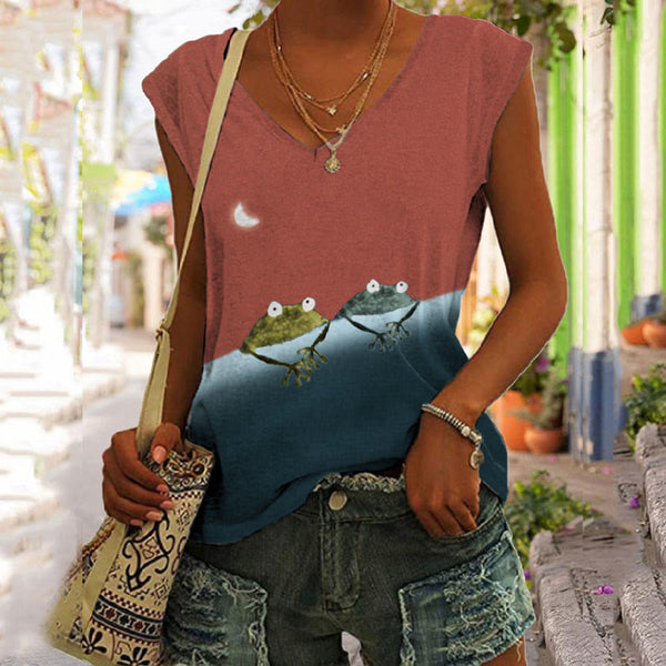 Simple Frog Color Block Print V-neck Tank Top