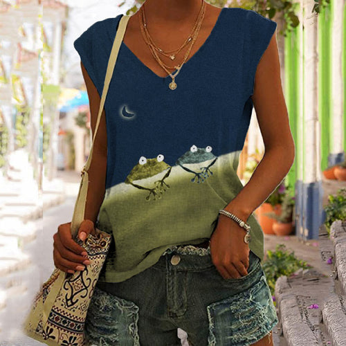 Simple Frog Color Block Print V-neck Tank Top