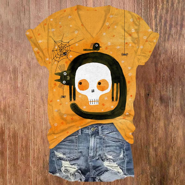 Halloween Cat Hats Print V-neck T-shirt