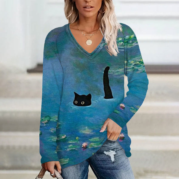 Women's Oil Painting Cat Print V-neck Long Sleeve T-shirt