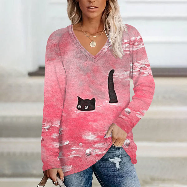 Women's Oil Painting Cat Print V-neck Long Sleeve T-shirt